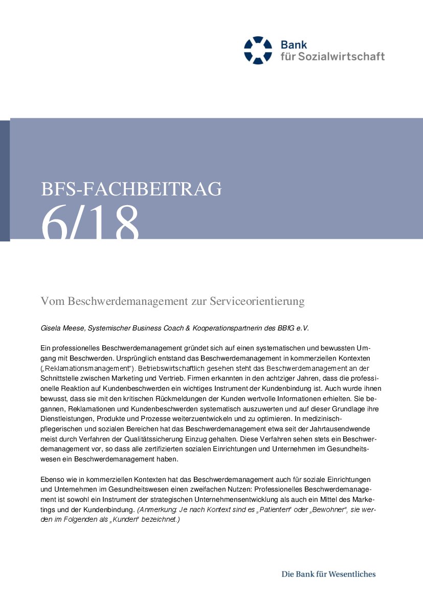 Gisela Meese: Vom Beschwerdemanagement zur Serviceorientierung (BFS-Info 6/18)