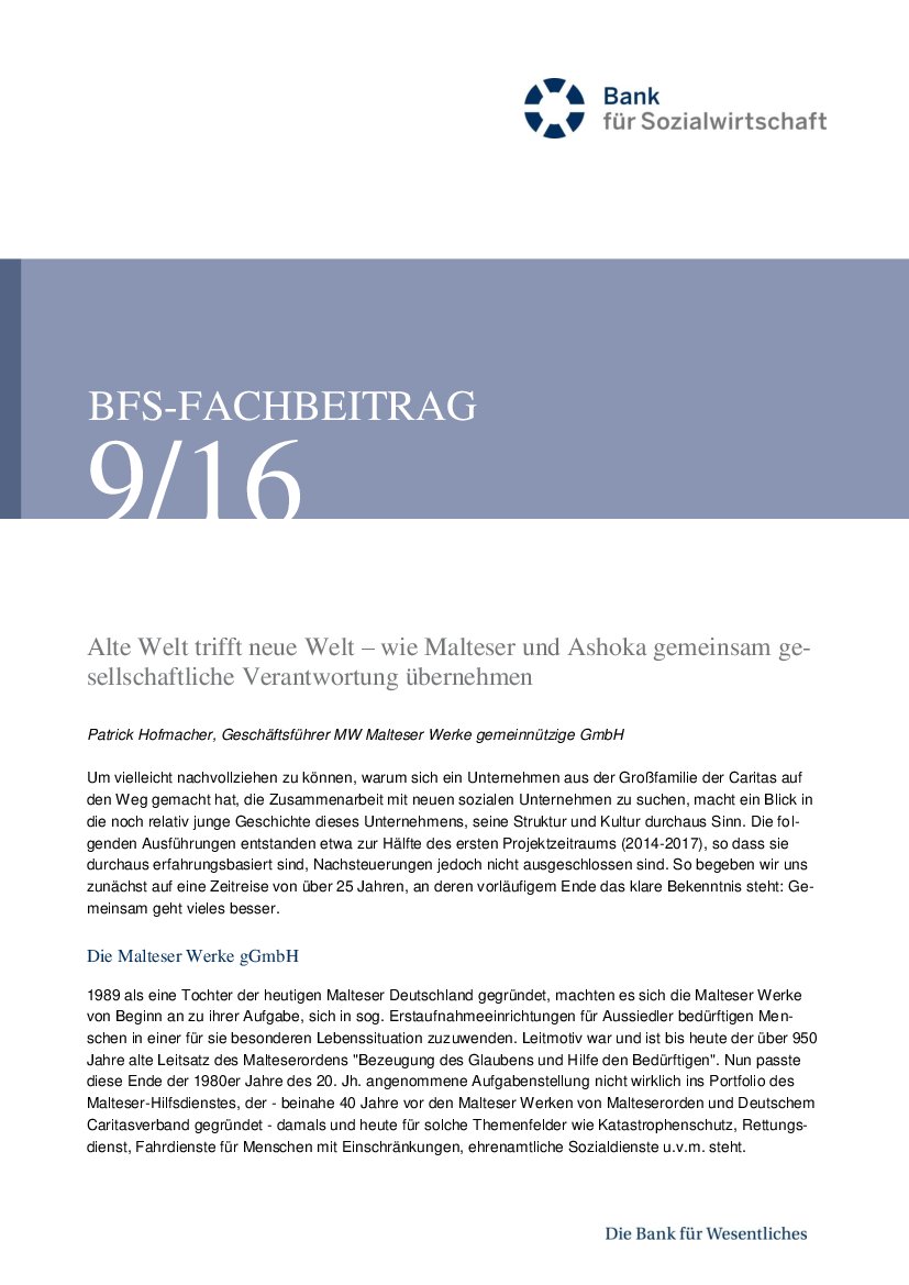 Patrick Hofmacher: Alte Welt trifft neue Welt – wie Malteser und Ashoka gemeinsam gesellschaftliche Verantwortung übernehmen (BFS-Info 9/16)