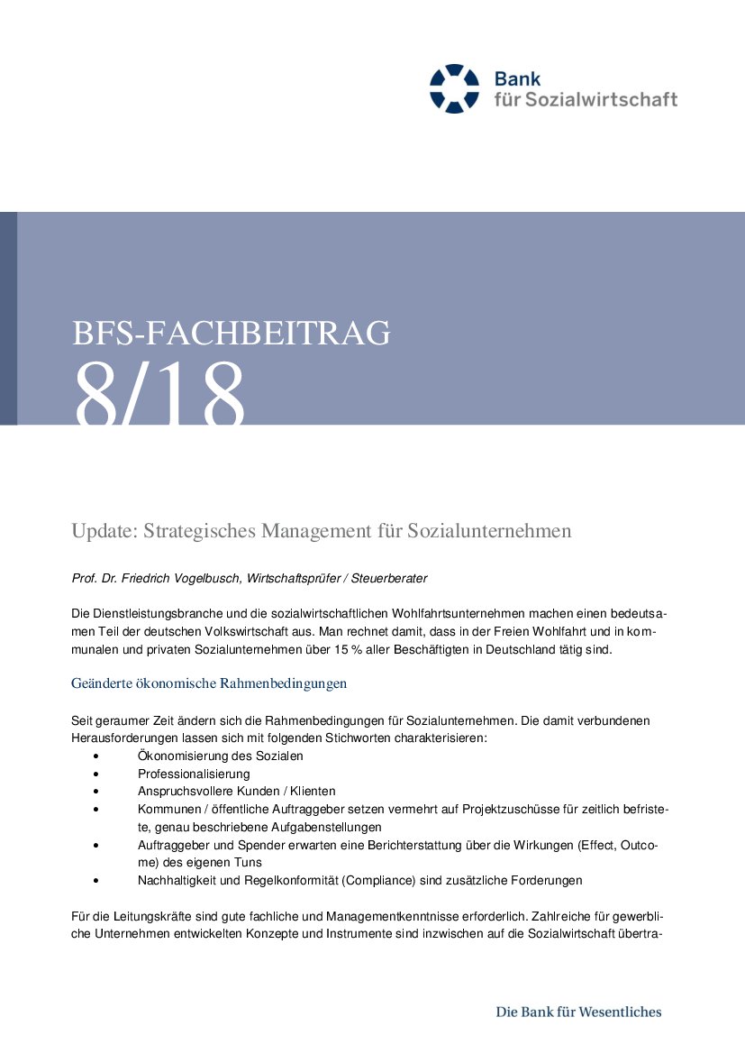 Friedrich Vogelbusch: Update Strategisches Management für Sozialunternehmen (BFS-Info 8/18)