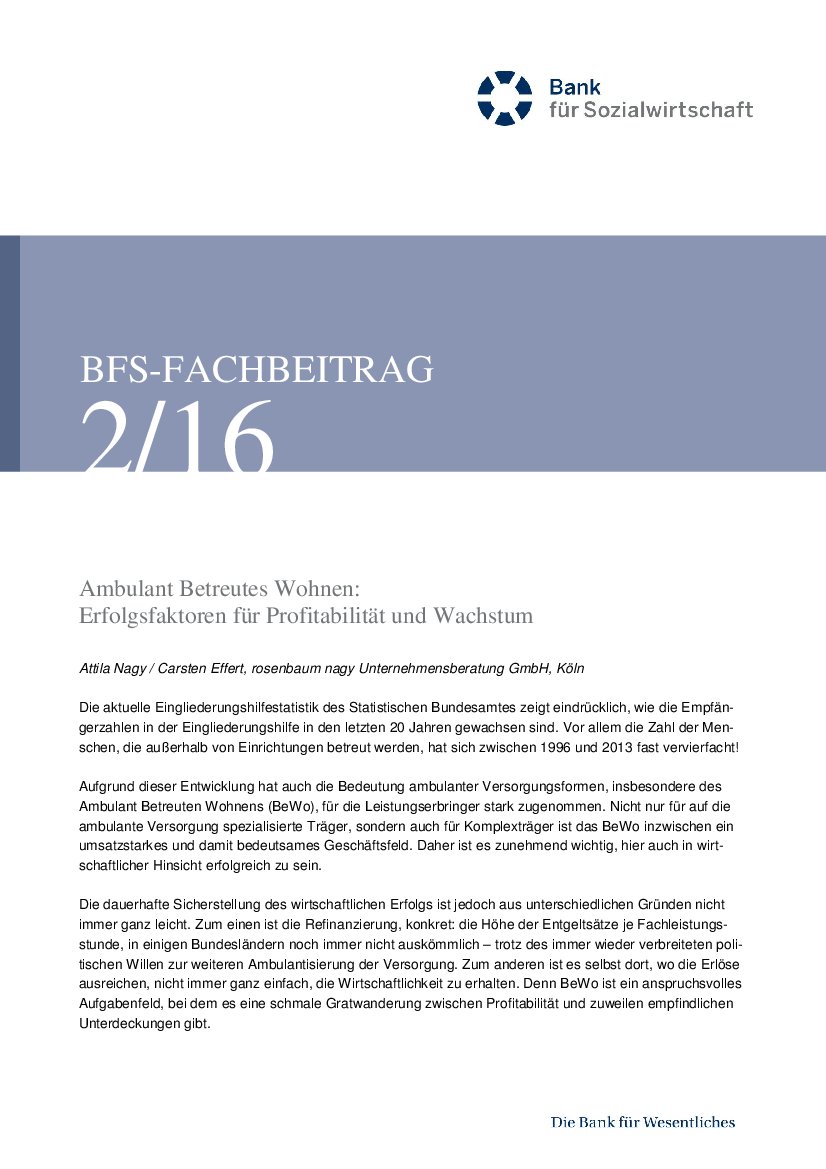 Attila Nagy/Carsten Effert: Ambulant Betreutes Wohnen in der Eingliederungshilfe. Erfolgsfaktoren für Profitabilität und Wachstum (BFS-Info 2/16)