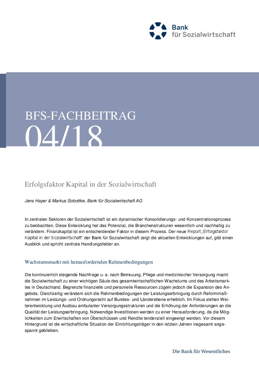 Jens Hayer / Markus Sobottke: Erfolgsfaktor Kapital in der Sozialwirtschaft (BFS-Info 4/18)