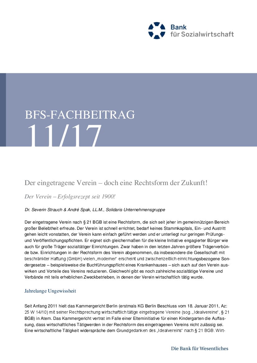 Dr. Severin Strauch / André Spak: Der eingetragene Verein - doch eine Rechtsform der Zukunft! (BFS-Info 11/17)