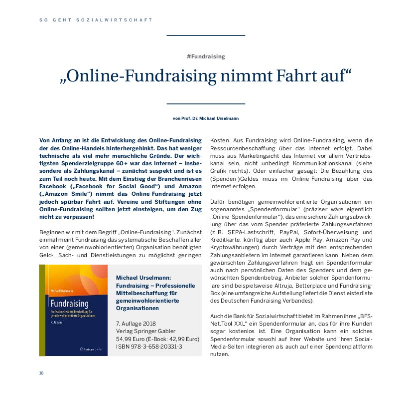 Prof. Dr. Michael Urselmann: Online-Fundraising nimmt Fahrt auf (Sozialus 2/19)