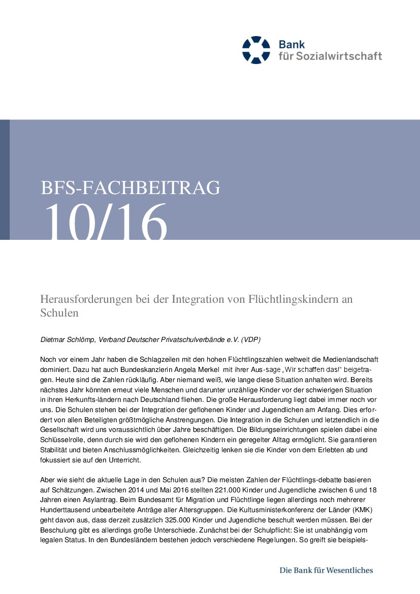 Dietmar Schlömp: Herausforderungen bei der Integration von Flüchtlingskindern an Schulen (BFS-Info 10/16)