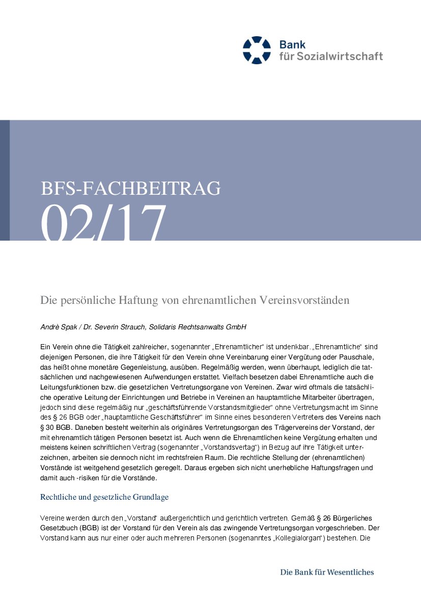 André Spak / Dr. Severin Strauch: Die persönliche Haftung von ehrenamtlichen Vereinsvorständen (BFS-Info 2/17)