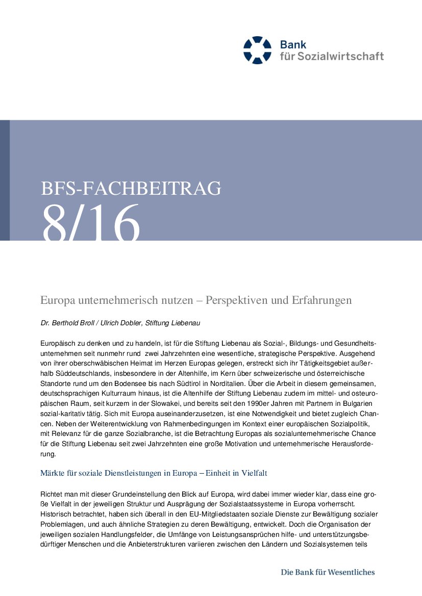 Dr. Berthold Broll / Ulrich Dobler: Europa unternehmerisch nutzen – Perspektiven und Erfahrungen der Stiftung Liebenau (BFS-Info 8/16)