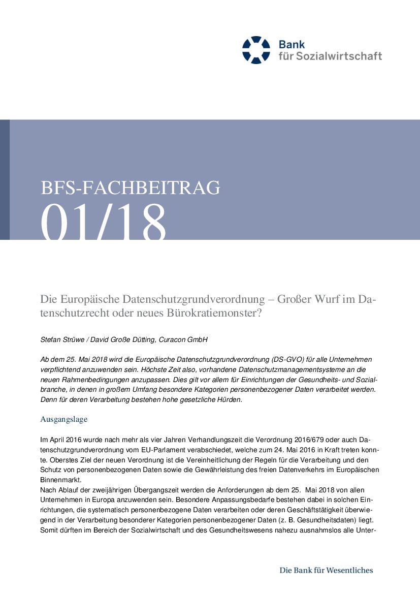 Stefan Strüwe / David Große Dütting: Die Europäische Datenschutzverordnung - Großer Wurf im Datenschutzrecht oder neue Bürokratiemonster? (BFS-Info 1/18)