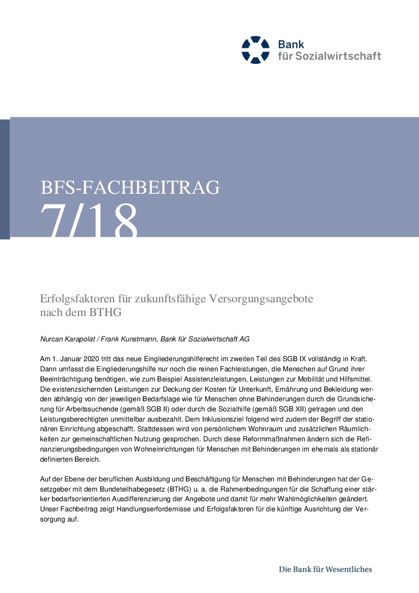 Nurcan Karapolat / Frank Kunstmann: Erfolgsfaktoren für zukunftsfähige Versorgungsangebote nach dem BTHG (BFS-Info 7/18)