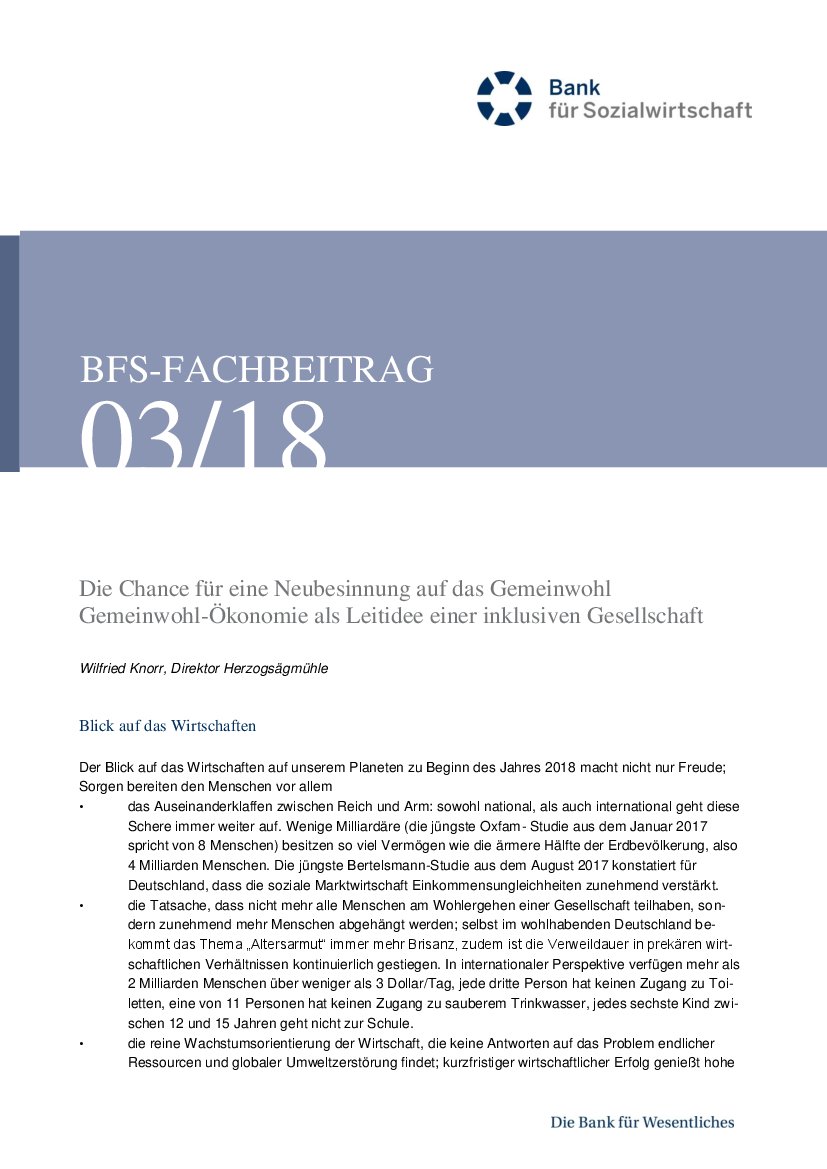 Wilfried Knorr: Die Chancen für eine Neubesinnung auf das Gemeinwohl: Gemeinwohl-Ökonomie (BFS-Info 3/18)