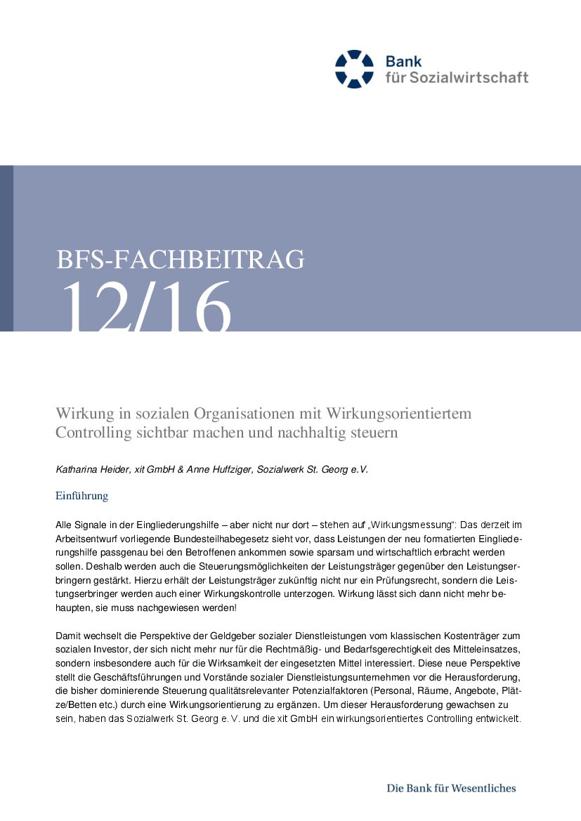 Katharina Heider/Anne Huffziger: Wirkung in sozialen Organisationen mit Wirkungsorientiertem Controlling sichtbar machen (BFS-Info 12/16)