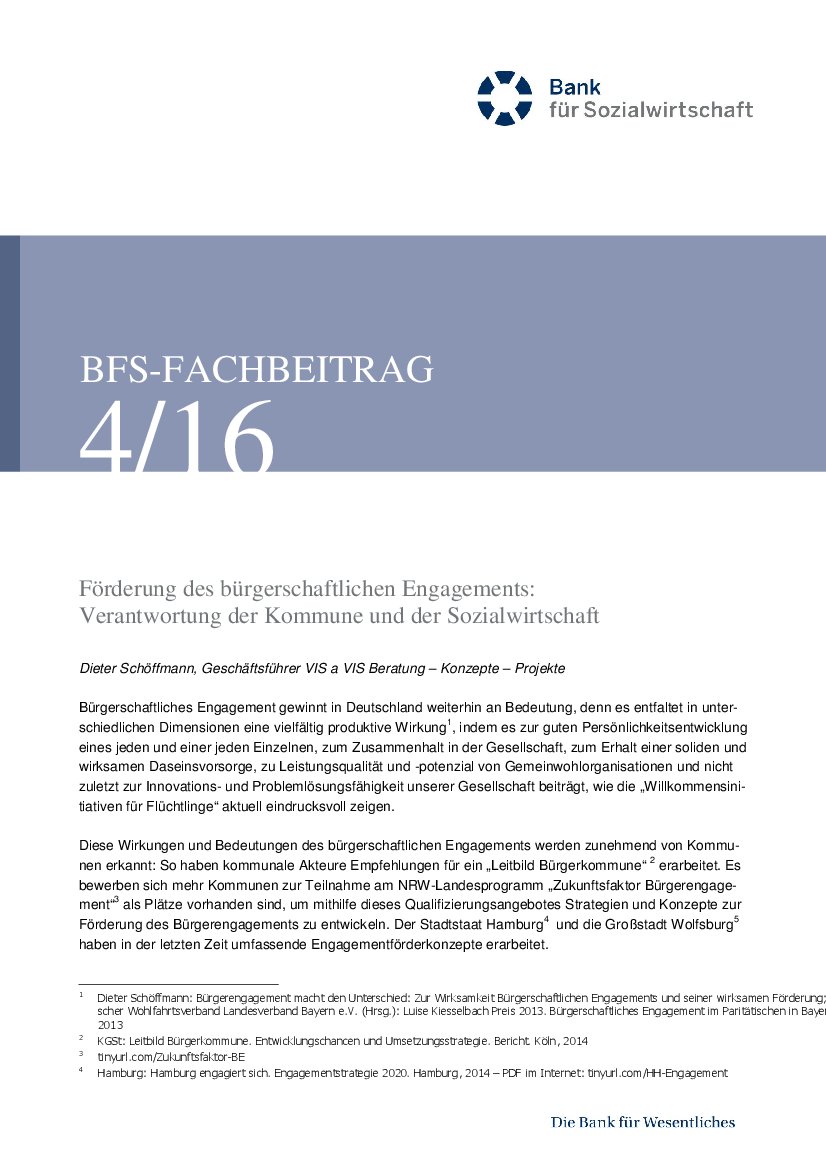 Dieter Schöffmann: Förderung des bürgerschaftlichen Engagements: Verantwortung der Kommune und der Sozialwirtschaft (BFS-Info 4/16)