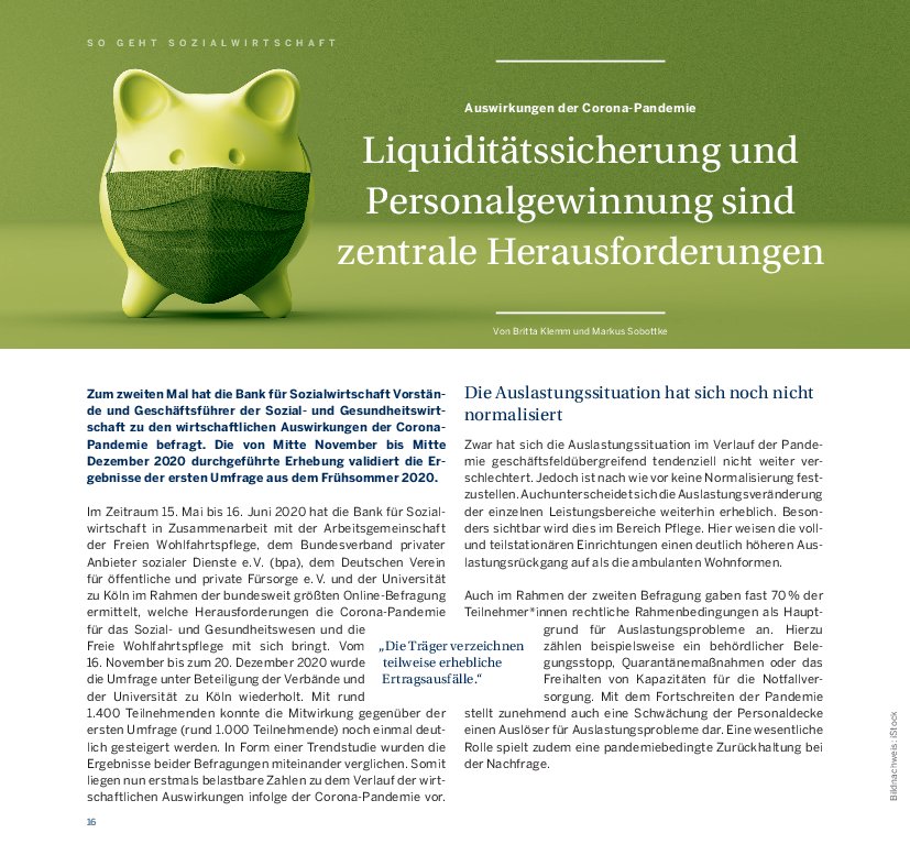 Britta Klemm/Markus Sobottke: Liquiditätssicherung und Personalgewinnung sind zentrale Herausforderungen (Sozialus 2/21)