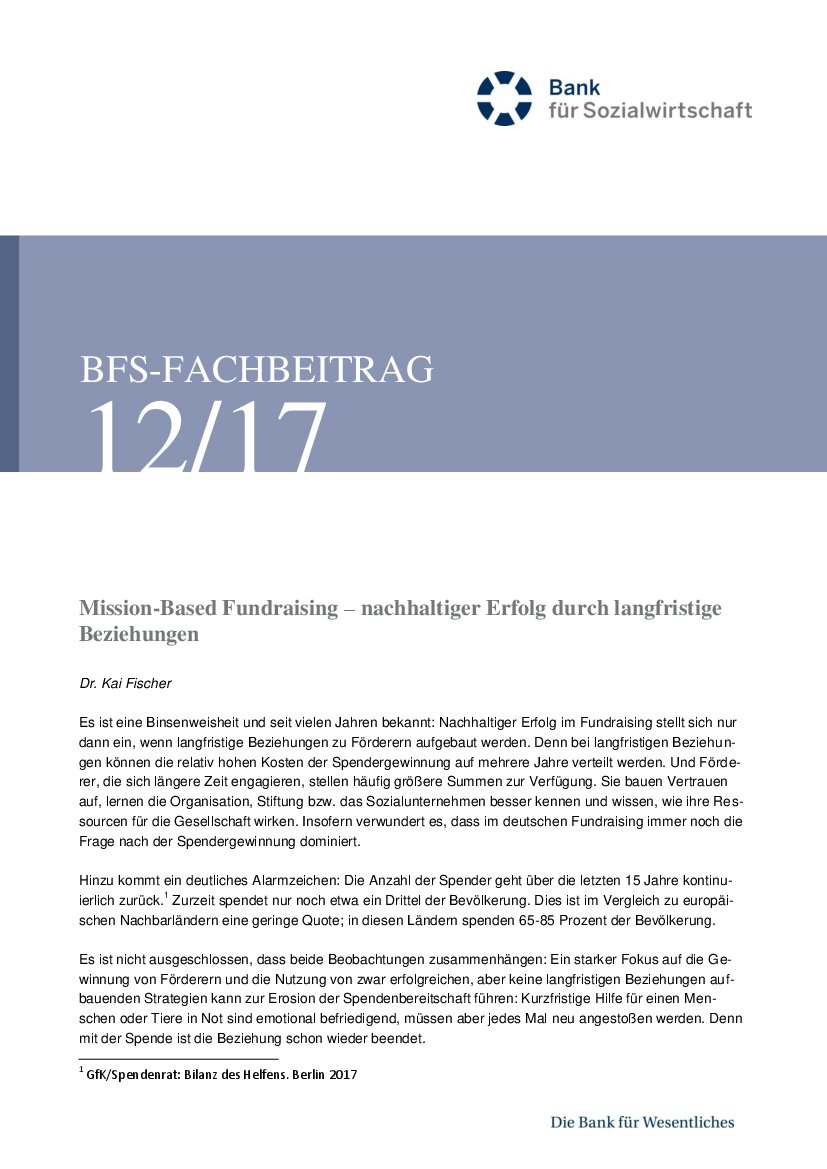 Dr. Kai Fischer: Mission-Based Fundraising - nachhaltiger Erfolg durch langfristige Beziehungen (BFS-Info 12/17)
